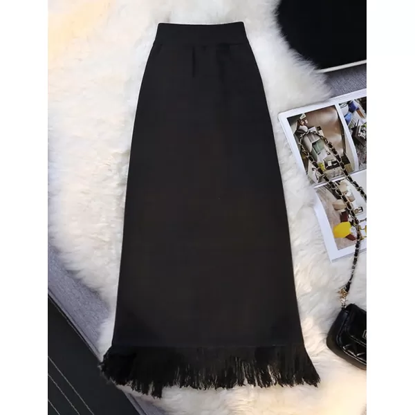 IDEALSANXUN Fringe Plaid Maxi Skirt for Women High Waisted A Line Asymmetrical Fall Winter Knit Tassel Wrap SkirtBlack