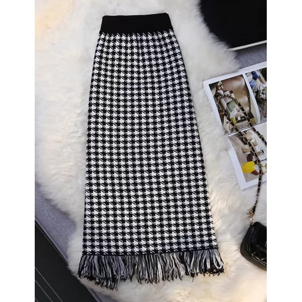 IDEALSANXUN Fringe Plaid Maxi Skirt for Women High Waisted A Line Asymmetrical Fall Winter Knit Tassel Wrap SkirtPlaid Black