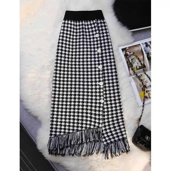 IDEALSANXUN Fringe Plaid Maxi Skirt for Women High Waisted A Line Asymmetrical Fall Winter Knit Tassel Wrap SkirtPlaid Black