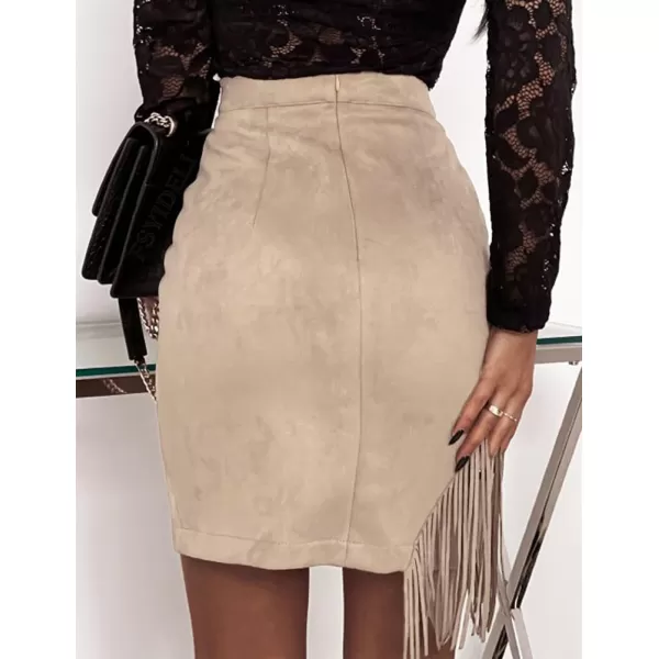 IDEALSANXUN Fringe Suede Skirt for Women High Waisted Fall Winter Tassel Short Mini Skirt 2023Beige