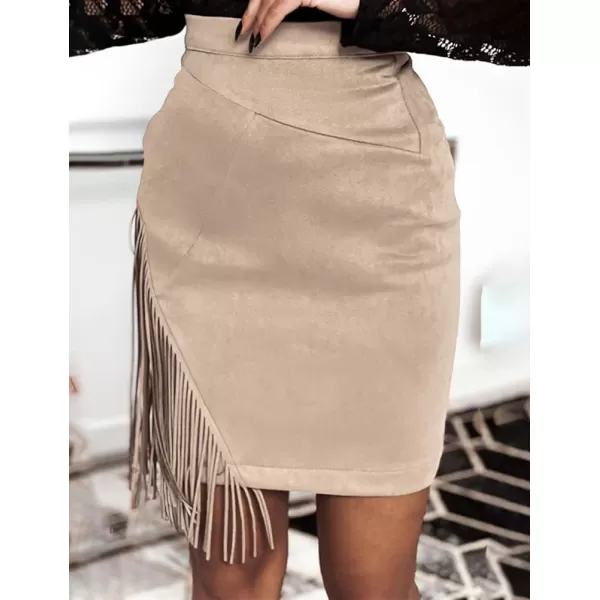 IDEALSANXUN Fringe Suede Skirt for Women High Waisted Fall Winter Tassel Short Mini Skirt 2023Beige