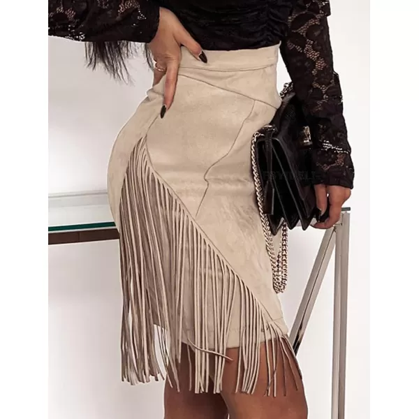 IDEALSANXUN Fringe Suede Skirt for Women High Waisted Fall Winter Tassel Short Mini Skirt 2023Beige