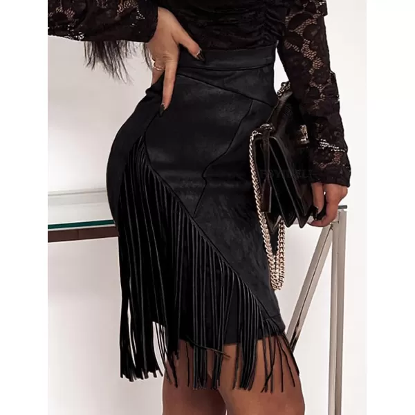 IDEALSANXUN Fringe Suede Skirt for Women High Waisted Fall Winter Tassel Short Mini Skirt 2023Black