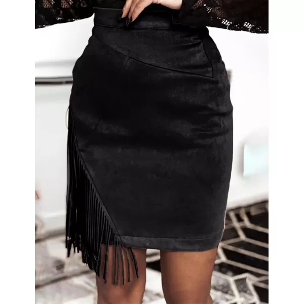 IDEALSANXUN Fringe Suede Skirt for Women High Waisted Fall Winter Tassel Short Mini Skirt 2023Black