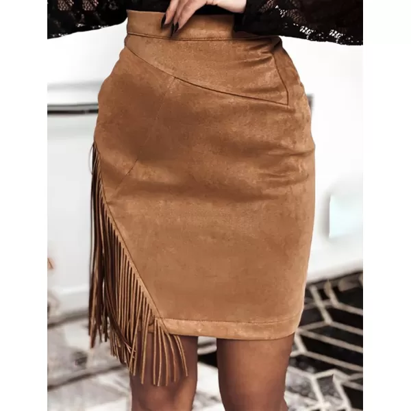 IDEALSANXUN Fringe Suede Skirt for Women High Waisted Fall Winter Tassel Short Mini Skirt 2023Brown