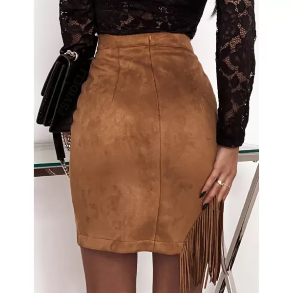 IDEALSANXUN Fringe Suede Skirt for Women High Waisted Fall Winter Tassel Short Mini Skirt 2023Brown