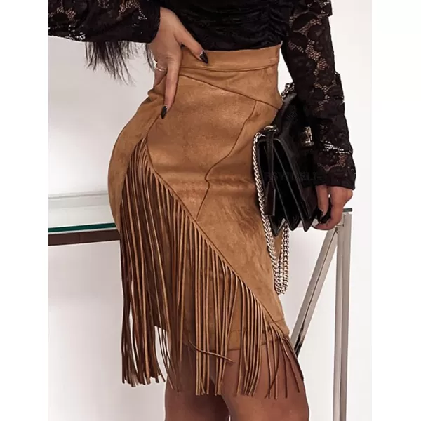 IDEALSANXUN Fringe Suede Skirt for Women High Waisted Fall Winter Tassel Short Mini Skirt 2023Brown