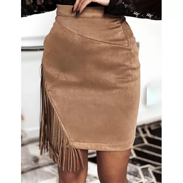 IDEALSANXUN Fringe Suede Skirt for Women High Waisted Fall Winter Tassel Short Mini Skirt 2023Khaki