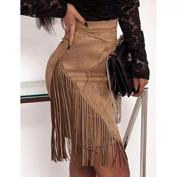 IDEALSANXUN Fringe Suede Skirt for Women High Waisted Fall Winter Tassel Short Mini Skirt 2023Khaki