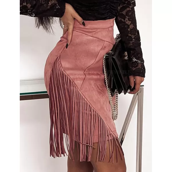 IDEALSANXUN Fringe Suede Skirt for Women High Waisted Fall Winter Tassel Short Mini Skirt 2023Pink