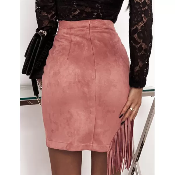 IDEALSANXUN Fringe Suede Skirt for Women High Waisted Fall Winter Tassel Short Mini Skirt 2023Pink