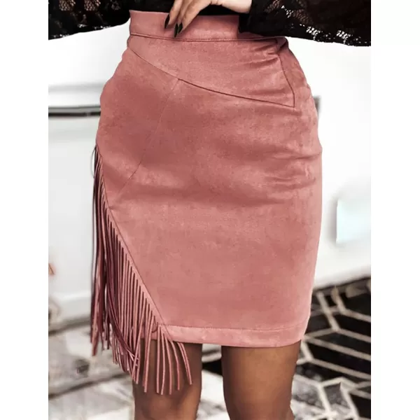 IDEALSANXUN Fringe Suede Skirt for Women High Waisted Fall Winter Tassel Short Mini Skirt 2023Pink