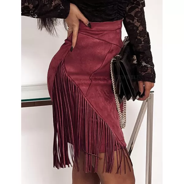 IDEALSANXUN Fringe Suede Skirt for Women High Waisted Fall Winter Tassel Short Mini Skirt 2023Wine