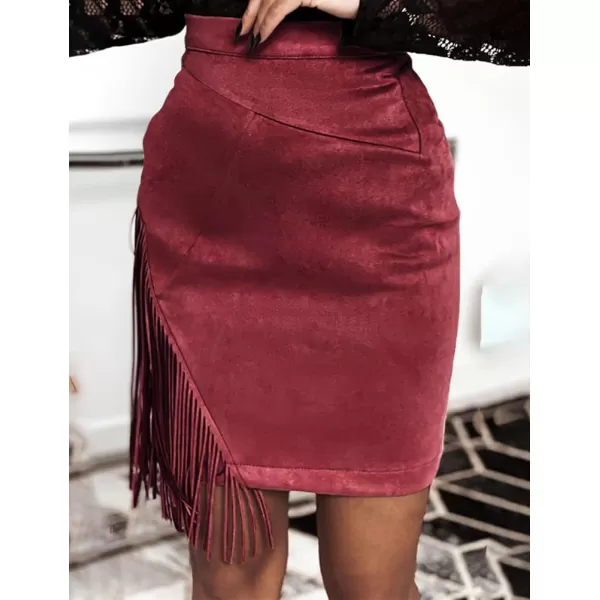 IDEALSANXUN Fringe Suede Skirt for Women High Waisted Fall Winter Tassel Short Mini Skirt 2023Wine