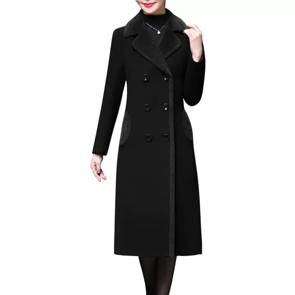 IDEALSANXUN Fur Collar Wool Coats for Women Double Breasted Long Peacoat Jackets 20231black