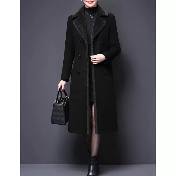 IDEALSANXUN Fur Collar Wool Coats for Women Double Breasted Long Peacoat Jackets 20231black