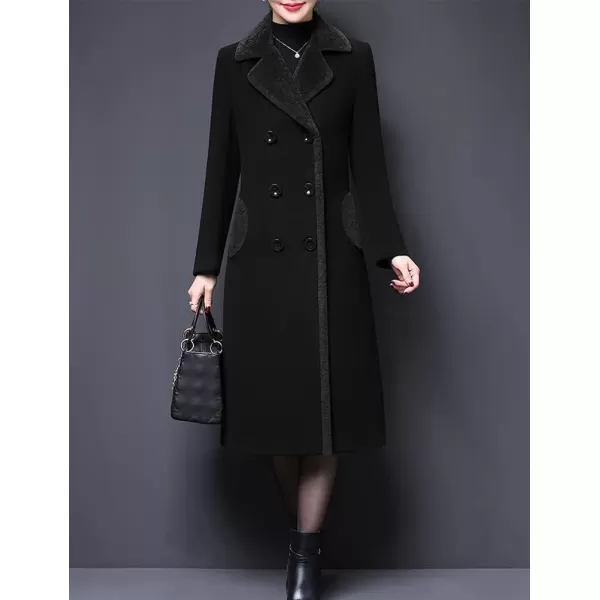 IDEALSANXUN Fur Collar Wool Coats for Women Double Breasted Long Peacoat Jackets 20231black
