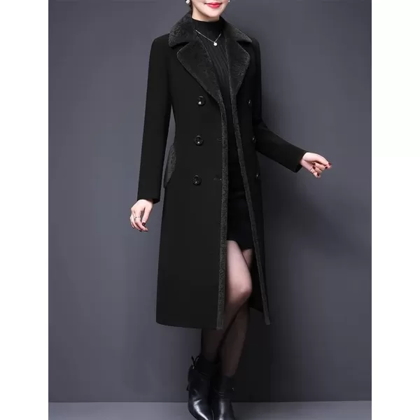 IDEALSANXUN Fur Collar Wool Coats for Women Double Breasted Long Peacoat Jackets 20231black