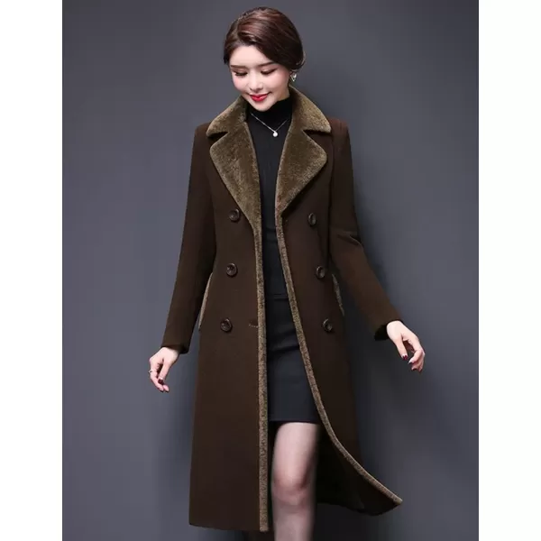 IDEALSANXUN Fur Collar Wool Coats for Women Double Breasted Long Peacoat Jackets 20231brown