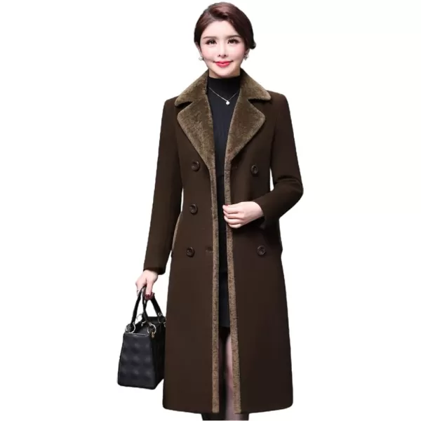 IDEALSANXUN Fur Collar Wool Coats for Women Double Breasted Long Peacoat Jackets 20231brown