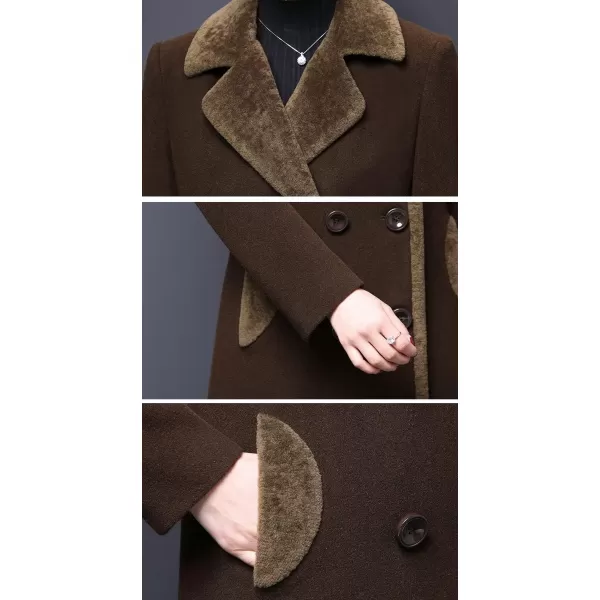 IDEALSANXUN Fur Collar Wool Coats for Women Double Breasted Long Peacoat Jackets 20231brown