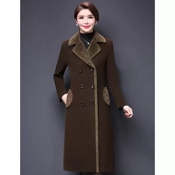 IDEALSANXUN Fur Collar Wool Coats for Women Double Breasted Long Peacoat Jackets 20231brown