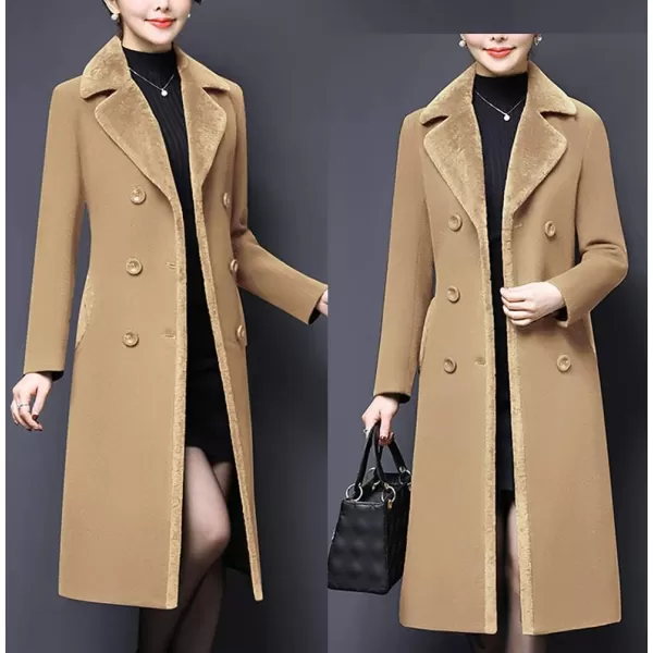 IDEALSANXUN Fur Collar Wool Coats for Women Double Breasted Long Peacoat Jackets 20231camel