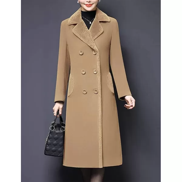 IDEALSANXUN Fur Collar Wool Coats for Women Double Breasted Long Peacoat Jackets 20231camel
