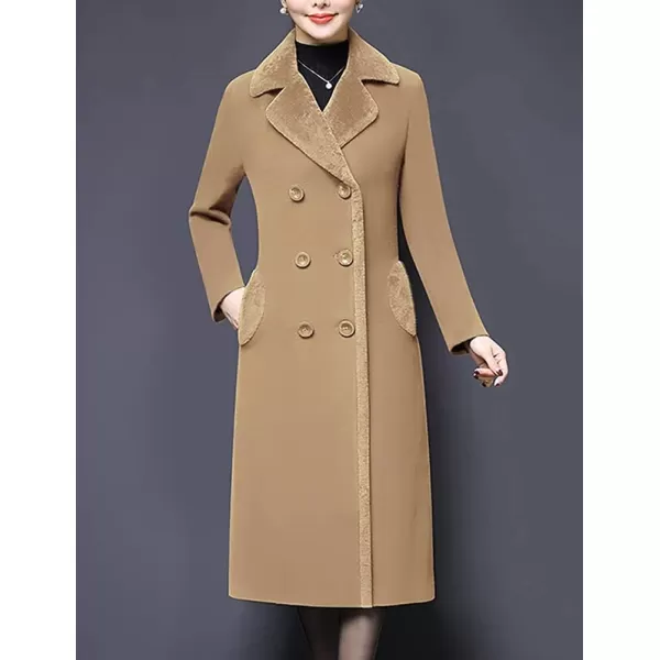 IDEALSANXUN Fur Collar Wool Coats for Women Double Breasted Long Peacoat Jackets 20231camel