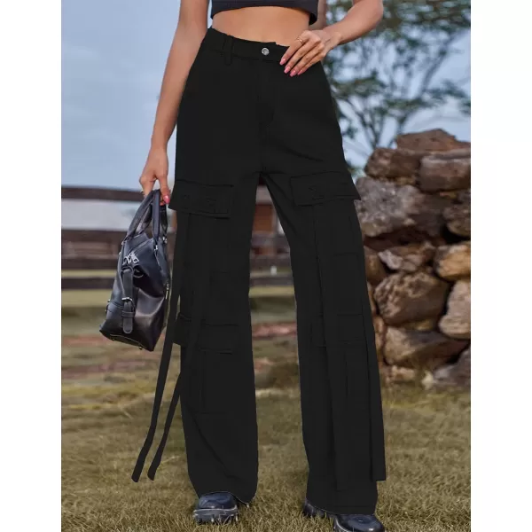 IDEALSANXUN Jean Cargo Pants for Women High Waisted 2023 Loose Straight Leg Baggy Denim Trousers with Flap PocketBlack
