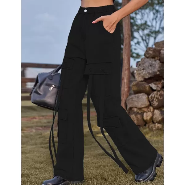IDEALSANXUN Jean Cargo Pants for Women High Waisted 2023 Loose Straight Leg Baggy Denim Trousers with Flap PocketBlack