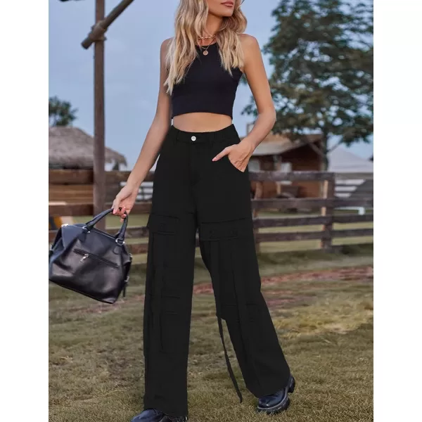 IDEALSANXUN Jean Cargo Pants for Women High Waisted 2023 Loose Straight Leg Baggy Denim Trousers with Flap PocketBlack