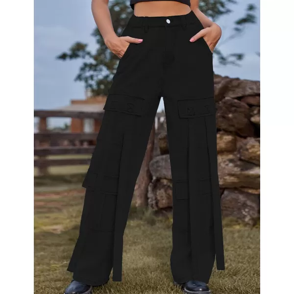 IDEALSANXUN Jean Cargo Pants for Women High Waisted 2023 Loose Straight Leg Baggy Denim Trousers with Flap PocketBlack