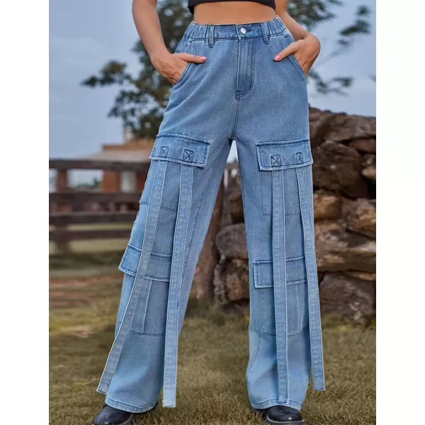 IDEALSANXUN Jean Cargo Pants for Women High Waisted 2023 Loose Straight Leg Baggy Denim Trousers with Flap PocketBlue