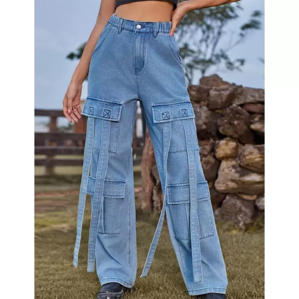 IDEALSANXUN Jean Cargo Pants for Women High Waisted 2023 Loose Straight Leg Baggy Denim Trousers with Flap PocketBlue