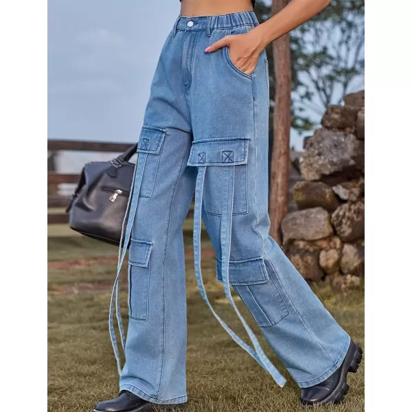 IDEALSANXUN Jean Cargo Pants for Women High Waisted 2023 Loose Straight Leg Baggy Denim Trousers with Flap PocketBlue