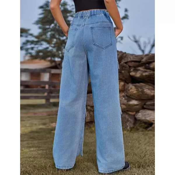 IDEALSANXUN Jean Cargo Pants for Women High Waisted 2023 Loose Straight Leg Baggy Denim Trousers with Flap PocketBlue