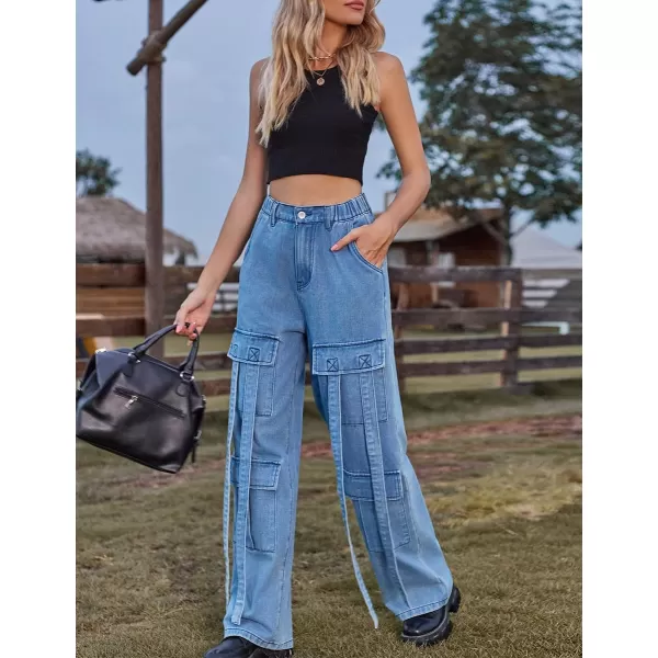 IDEALSANXUN Jean Cargo Pants for Women High Waisted 2023 Loose Straight Leg Baggy Denim Trousers with Flap PocketBlue