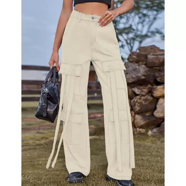 IDEALSANXUN Jean Cargo Pants for Women High Waisted 2023 Loose Straight Leg Baggy Denim Trousers with Flap PocketLight Khaki