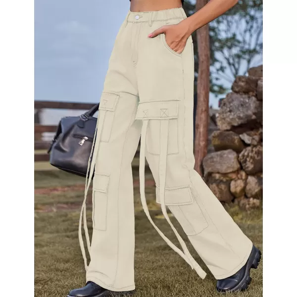 IDEALSANXUN Jean Cargo Pants for Women High Waisted 2023 Loose Straight Leg Baggy Denim Trousers with Flap PocketLight Khaki