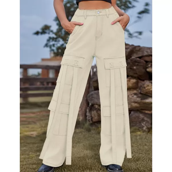 IDEALSANXUN Jean Cargo Pants for Women High Waisted 2023 Loose Straight Leg Baggy Denim Trousers with Flap PocketLight Khaki