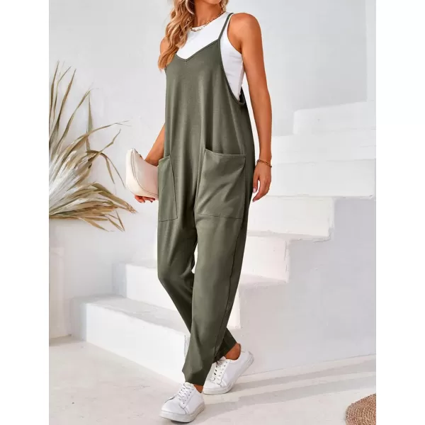 IDEALSANXUN Jumpsuits for Women Wide Leg Spaghetti Strap Cotton Stretchy Overalls Romper 2023Army