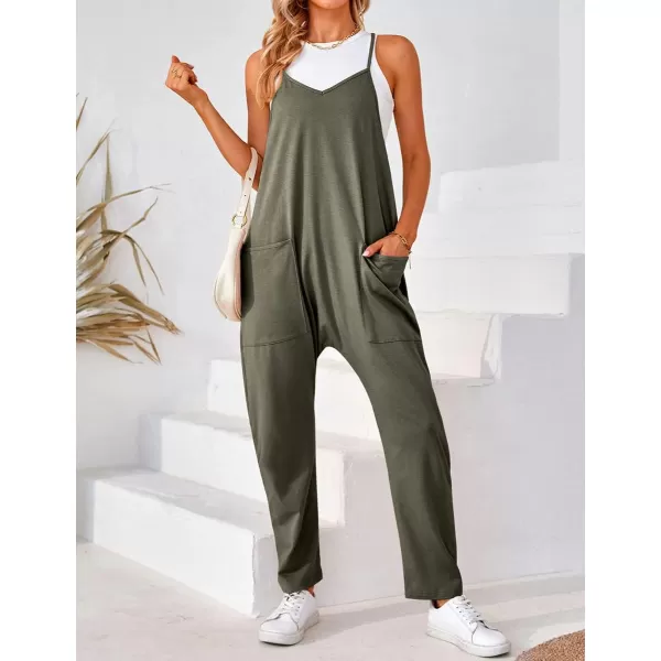 IDEALSANXUN Jumpsuits for Women Wide Leg Spaghetti Strap Cotton Stretchy Overalls Romper 2023Army