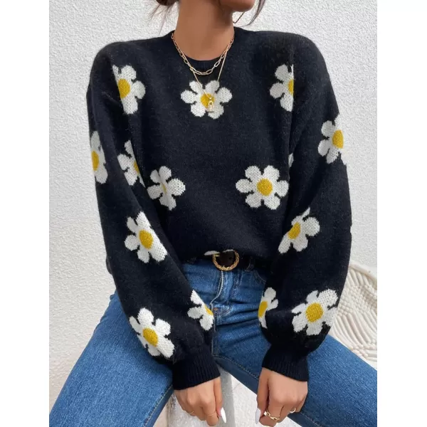 IDEALSANXUN Knit Sweater for Women Casual Long Sleeve Crewneck Floral Loose Chunky Ribbed Pullover TopsBlack