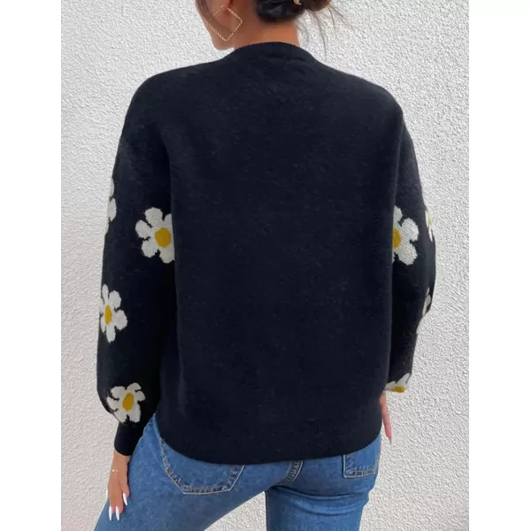 IDEALSANXUN Knit Sweater for Women Casual Long Sleeve Crewneck Floral Loose Chunky Ribbed Pullover TopsBlack