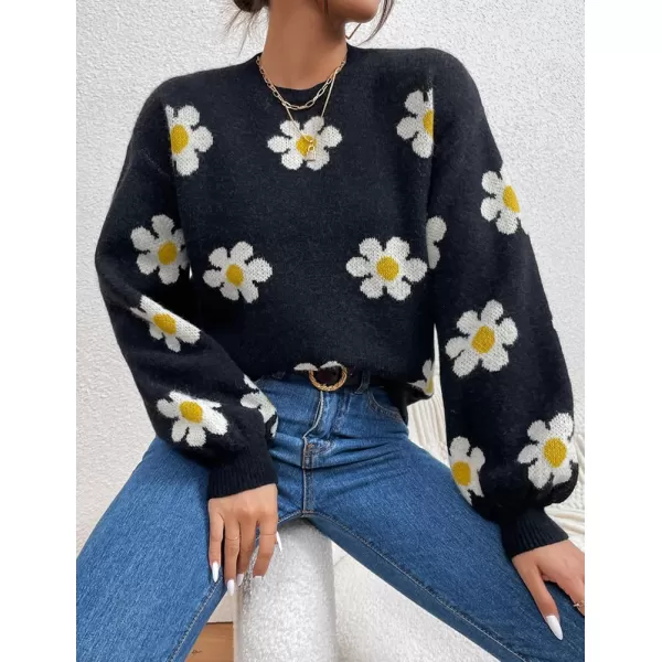 IDEALSANXUN Knit Sweater for Women Casual Long Sleeve Crewneck Floral Loose Chunky Ribbed Pullover TopsBlack