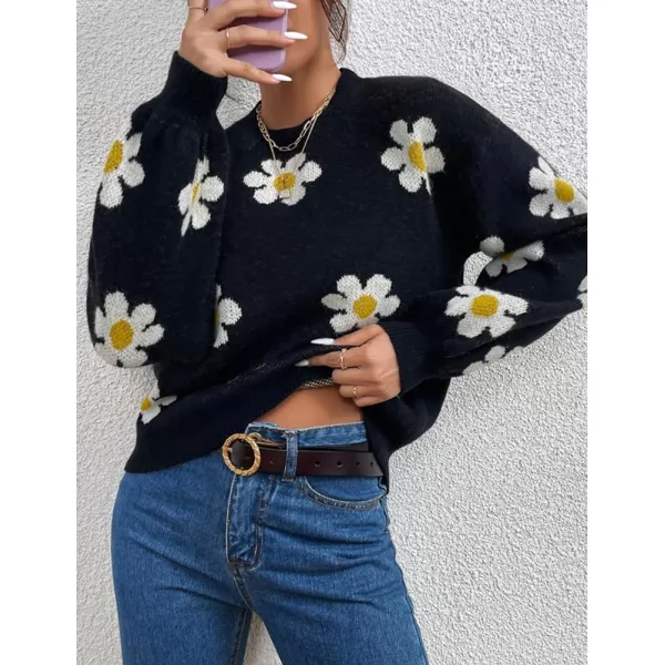 IDEALSANXUN Knit Sweater for Women Casual Long Sleeve Crewneck Floral Loose Chunky Ribbed Pullover TopsBlack