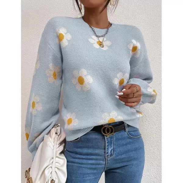 IDEALSANXUN Knit Sweater for Women Casual Long Sleeve Crewneck Floral Loose Chunky Ribbed Pullover TopsBlue