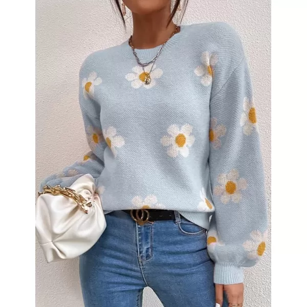 IDEALSANXUN Knit Sweater for Women Casual Long Sleeve Crewneck Floral Loose Chunky Ribbed Pullover TopsBlue