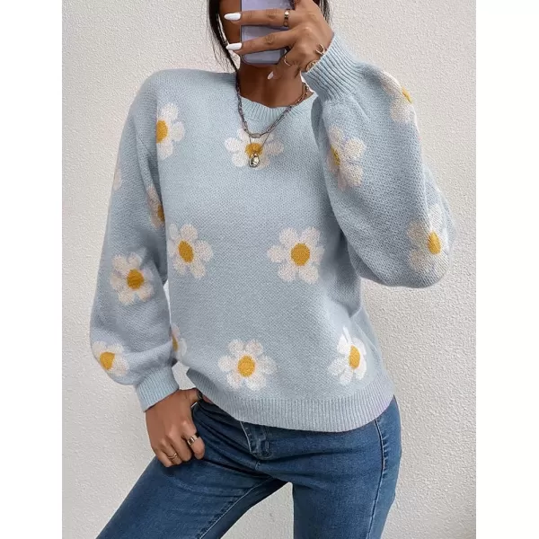 IDEALSANXUN Knit Sweater for Women Casual Long Sleeve Crewneck Floral Loose Chunky Ribbed Pullover TopsBlue